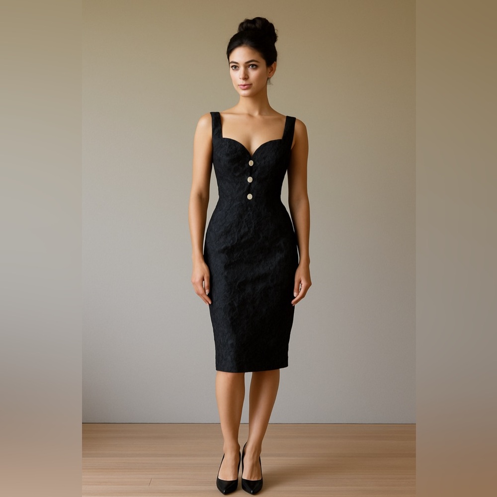 Vintage 80s Scott McClintock Black Lace Wiggle Dress Rhinestone Buttons 4P Sexy